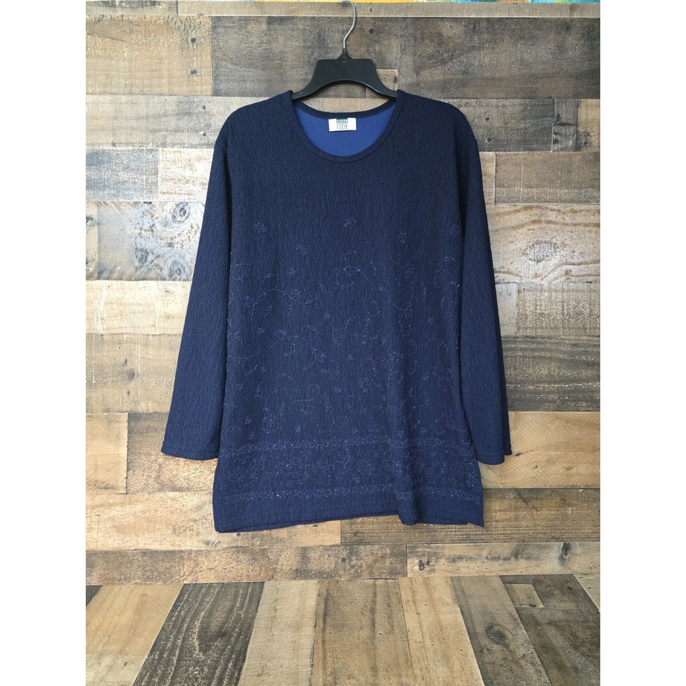 Textured Floral Vine Beaded Embroidered Top Navy Blue Shimmer Dressy Event Fairy